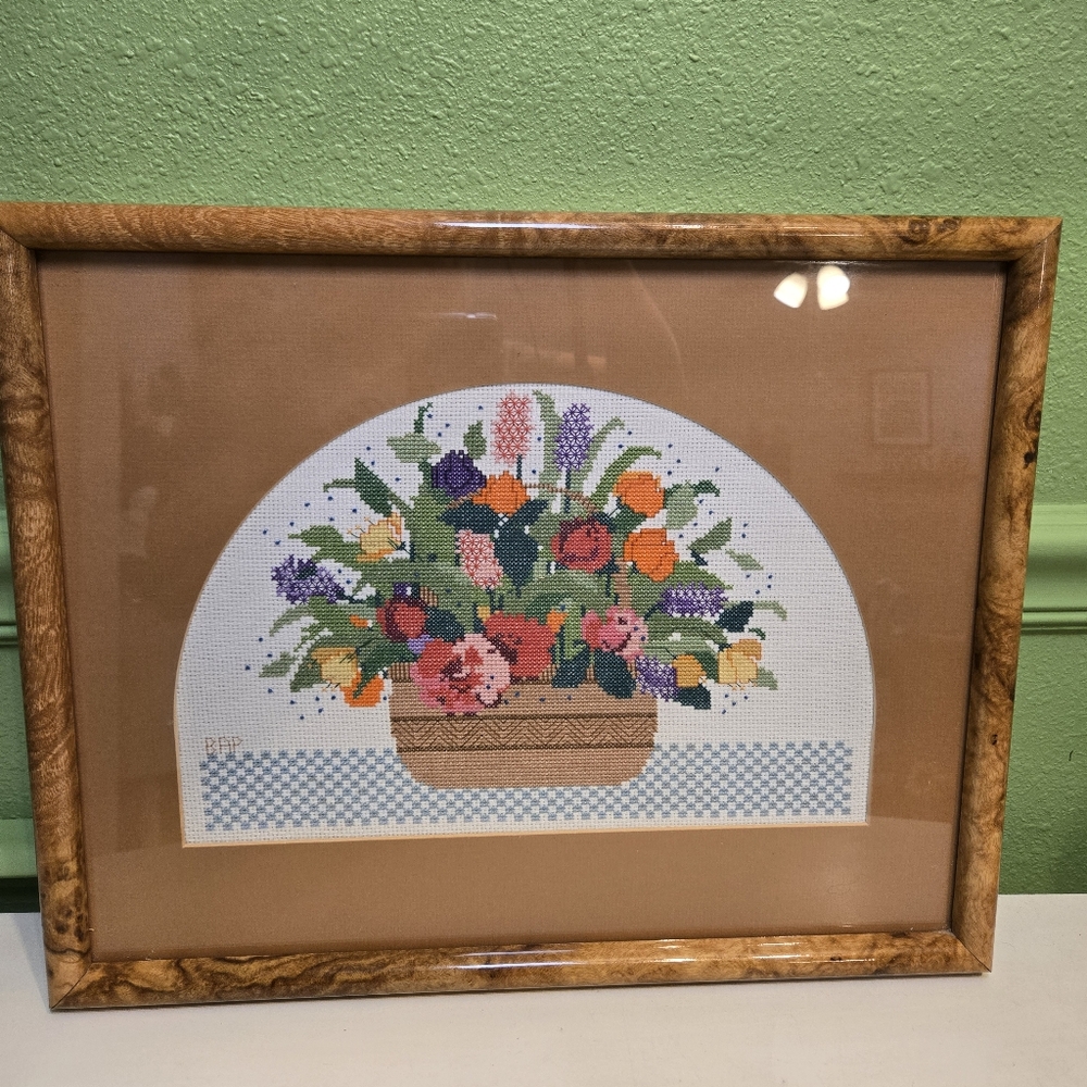 Vintage Needlepoint embroidery framed floral fruit basket signed 13.5x17"